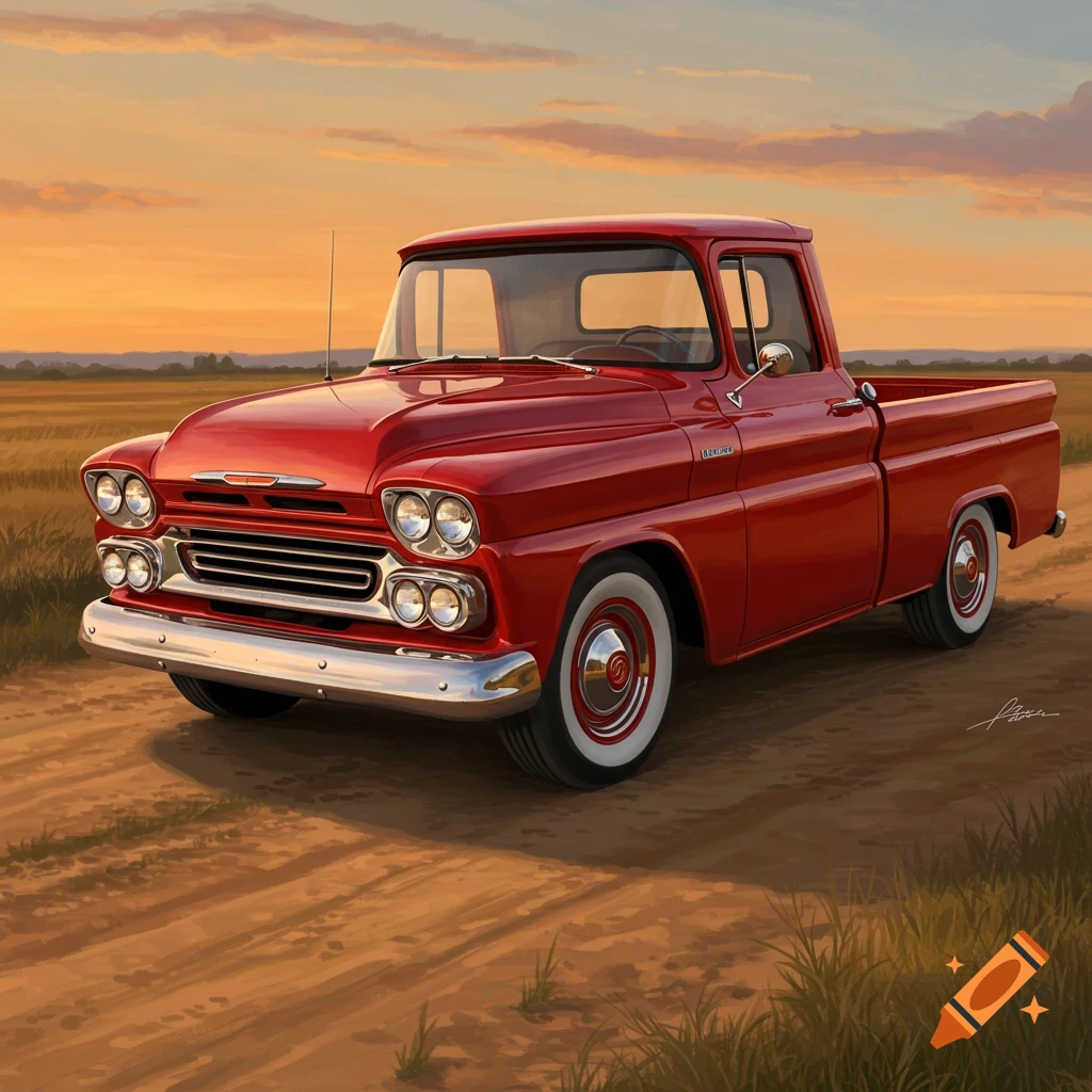 Red classic Chevy pickup truck on a dirt road in a field at sunset.