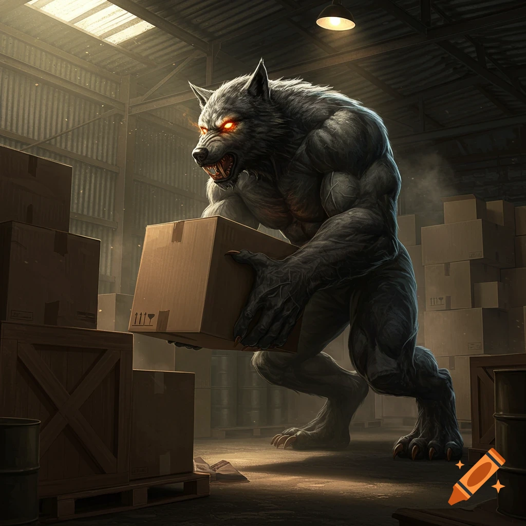 A large, muscular werewolf carrying cardboard boxes in a warehouse.