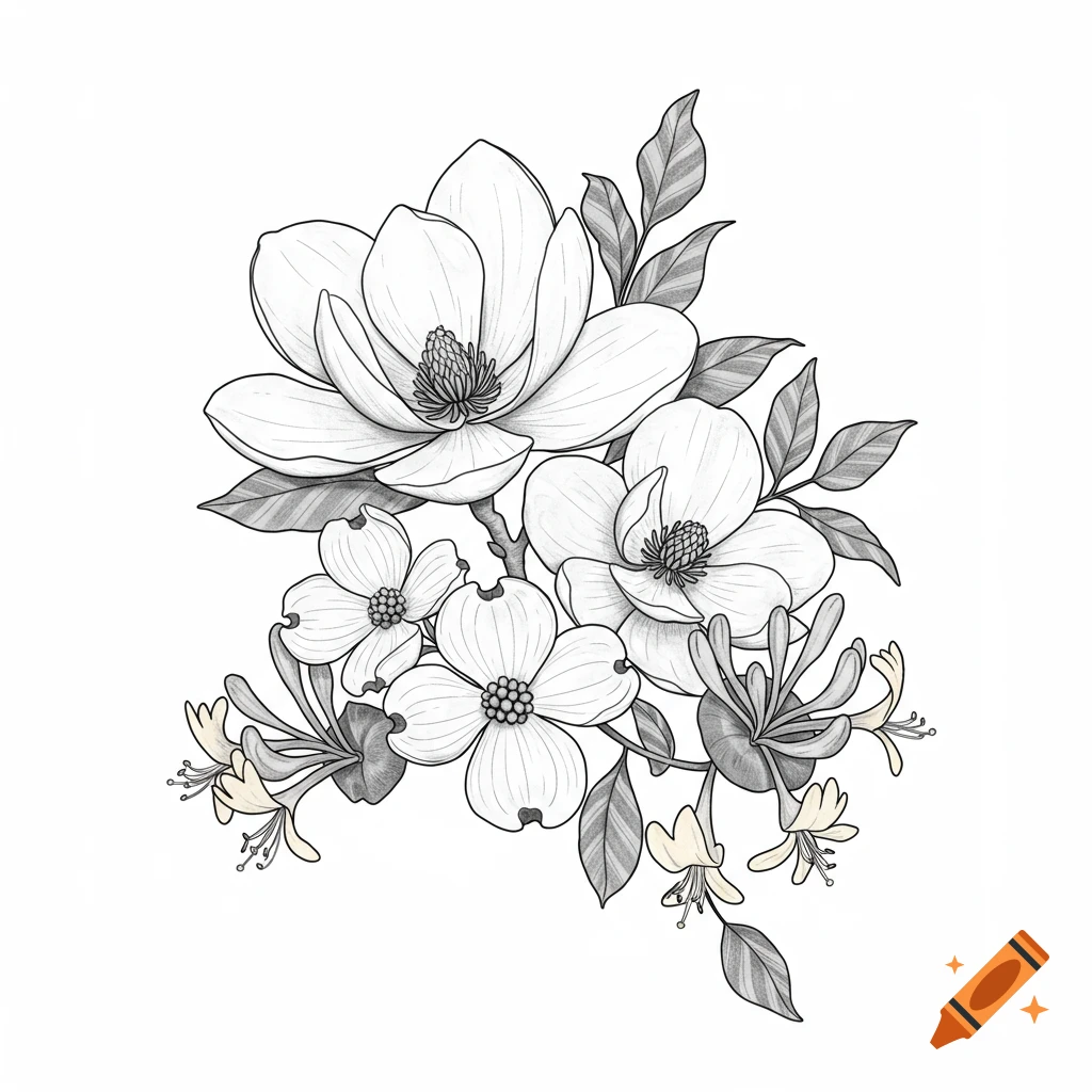 A detailed black and white line drawing of a bouquet featuring magnolia, dogwood, and honeysuckle flowers with leaves.