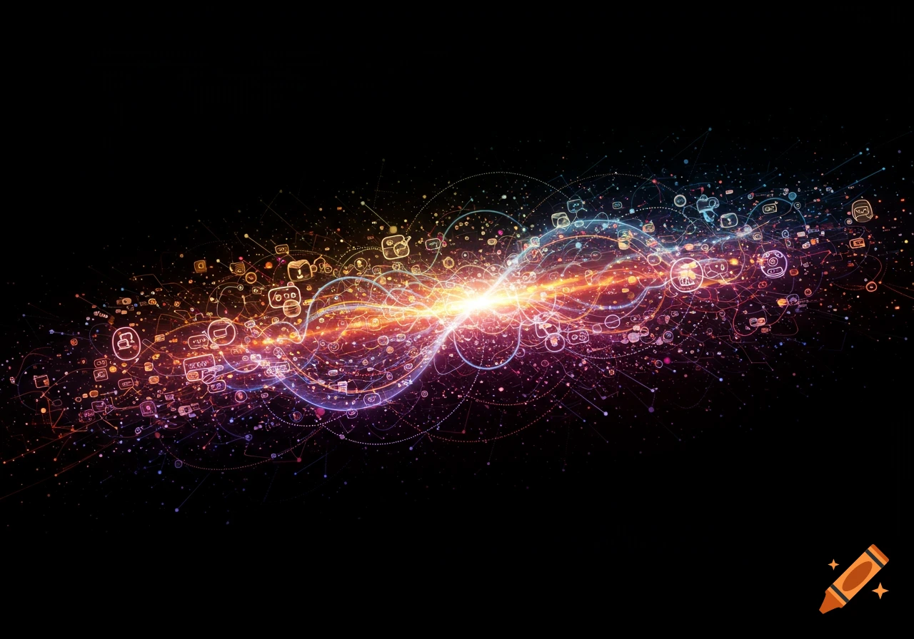 Abstract digital art with glowing lines, nodes, and network symbols.