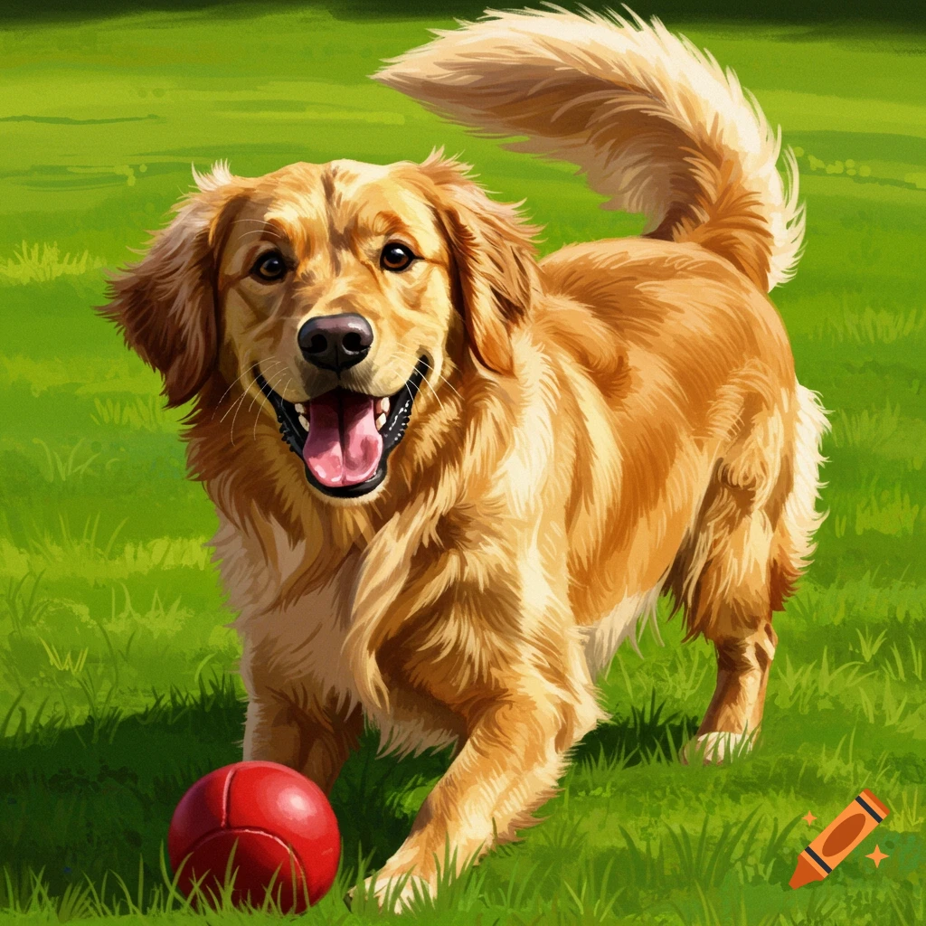 Golden retriever running after a red ball in green grass.
