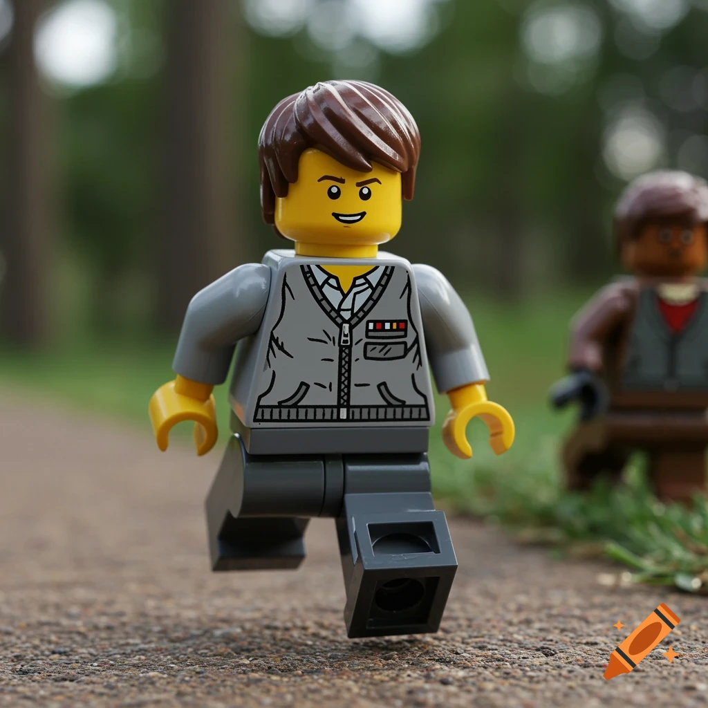 Close-up of a Lego minifigure running on a path outdoors.