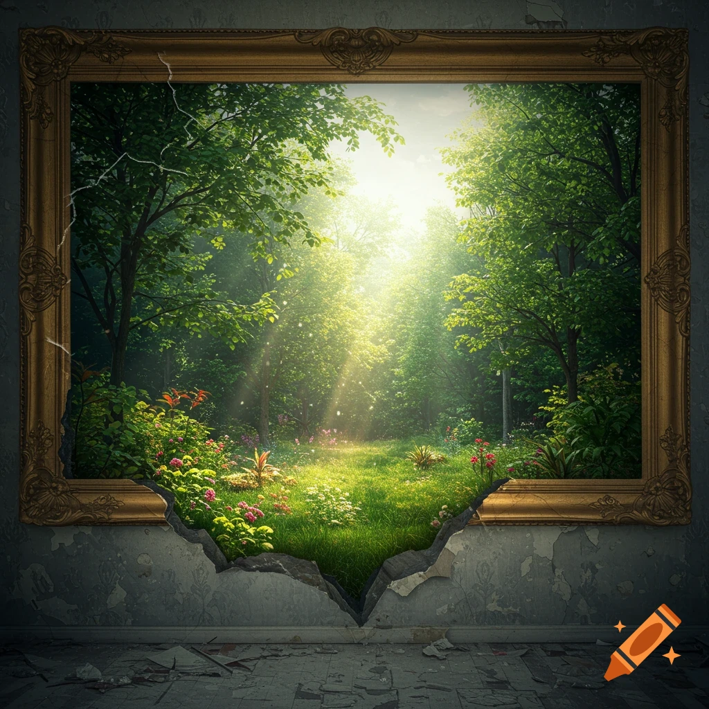 A lush forest grows out of a gold-framed painting onto a cracked wall and floor in a room.