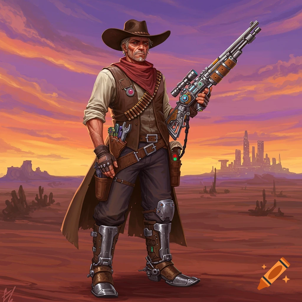 A cowboy artificer with a rifle stands in a desert landscape with a futuristic city.