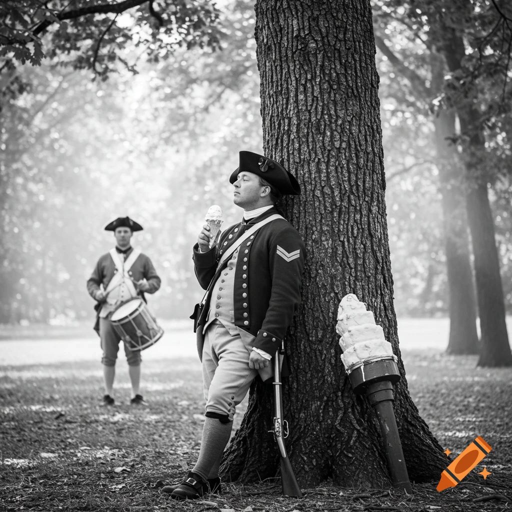 Black and white photo of a colonial soldier eating ice cream leaning on a tree while another plays a drum.