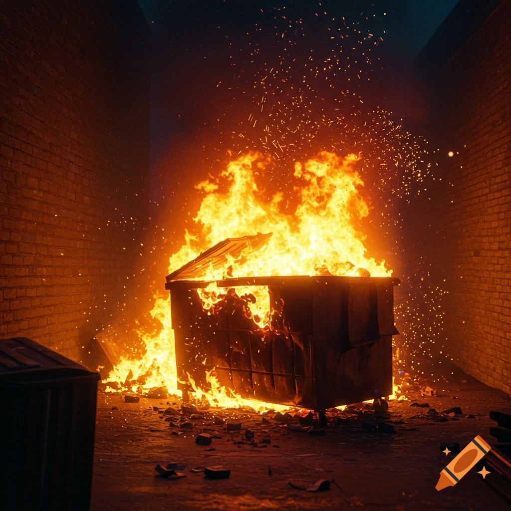 A dumpster is engulfed in flames in a dark alley.