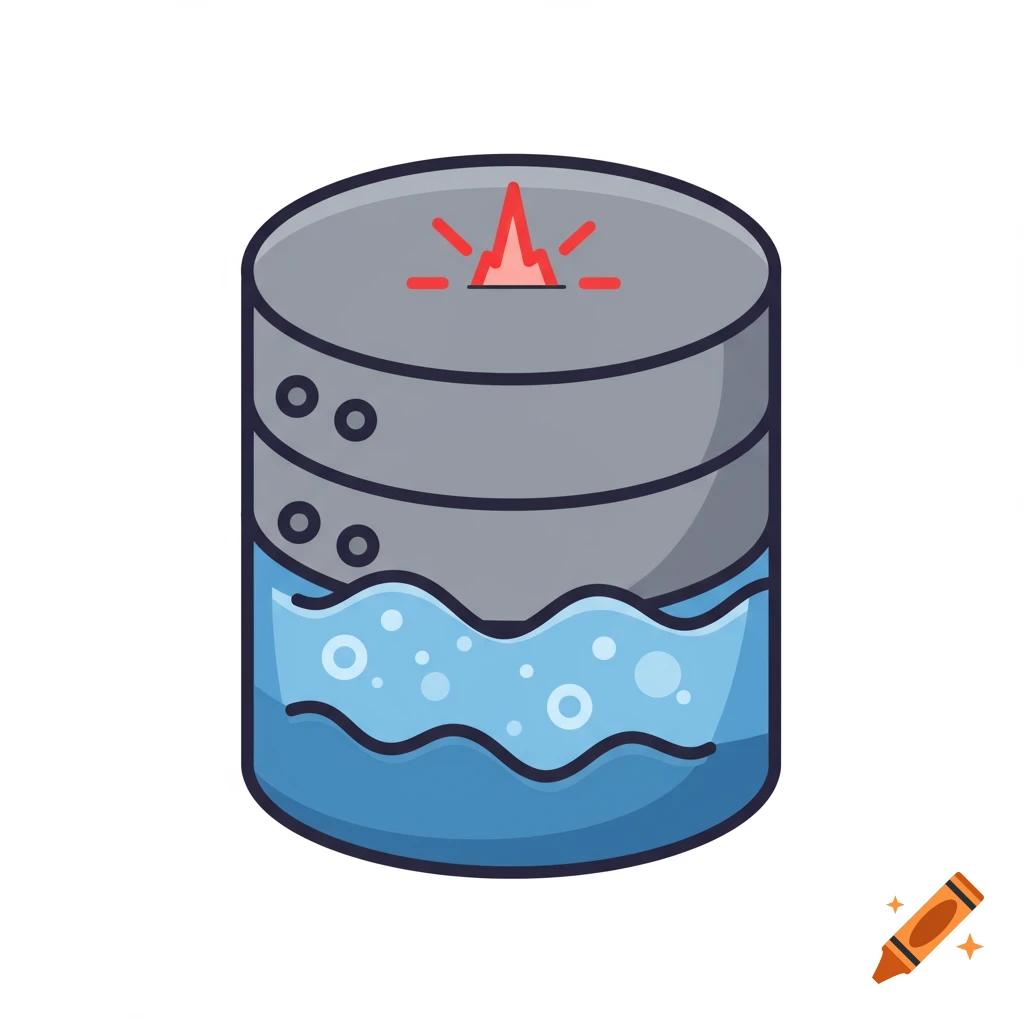 Icon of a cylinder representing data, with blue water and a red spike symbol.
