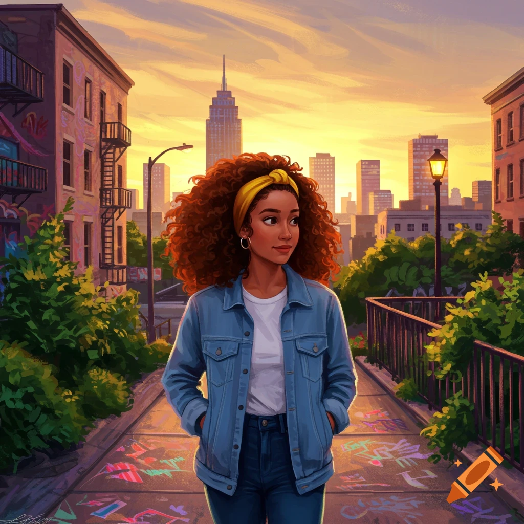 A young woman with curly hair walking down a city street at sunset.