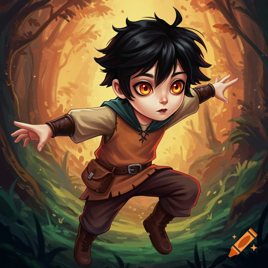 A young fantasy boy with black hair and orange eyes in a forest, dynamic pose.