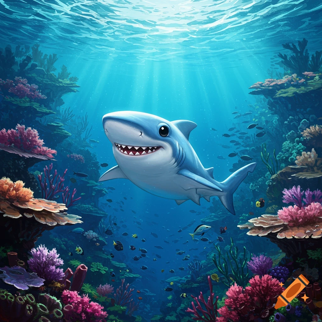 A cartoon shark swims through a vibrant coral reef underwater.