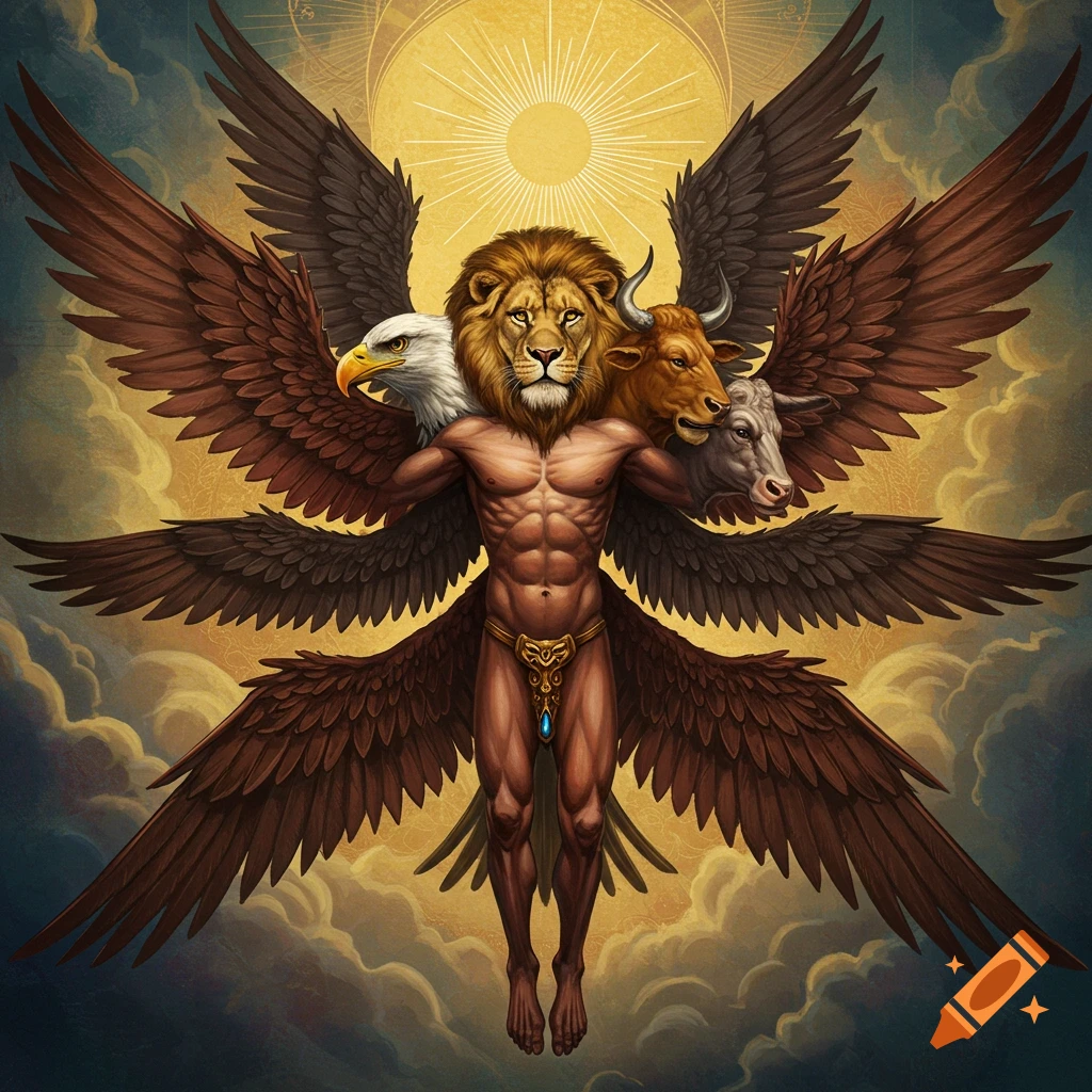 A winged creature with a human torso and the heads of an eagle, lion, bull, and cow, is shown floating in a cloudy sky with a sun.