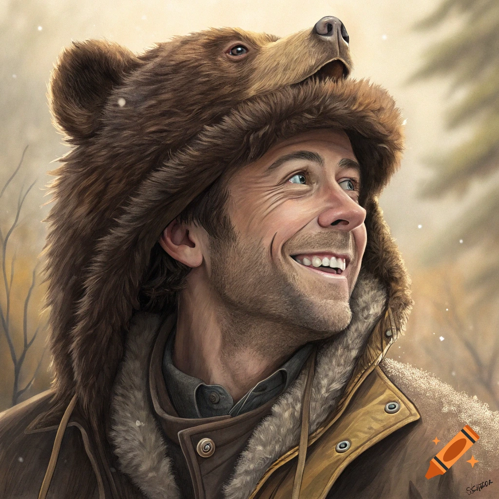 Man smiles wearing a bear hat in snowy woods