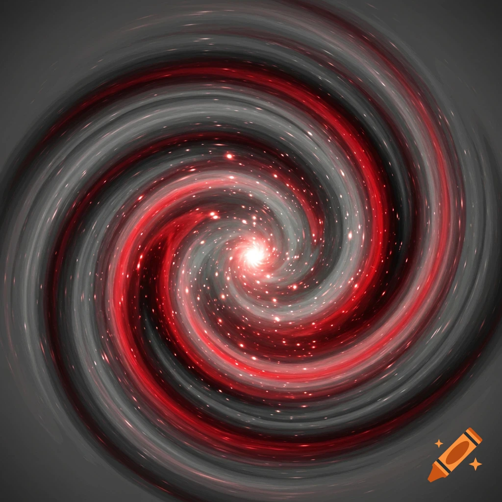 Abstract swirling pattern resembling a galaxy in red, gray, and white with sparkles.