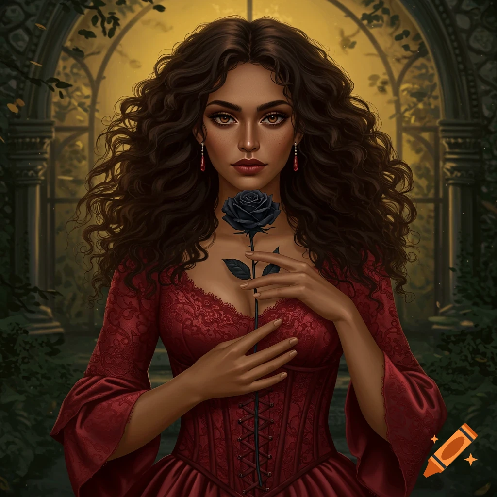 Digital portrait of a woman with long curly hair in a red dress holding a black rose