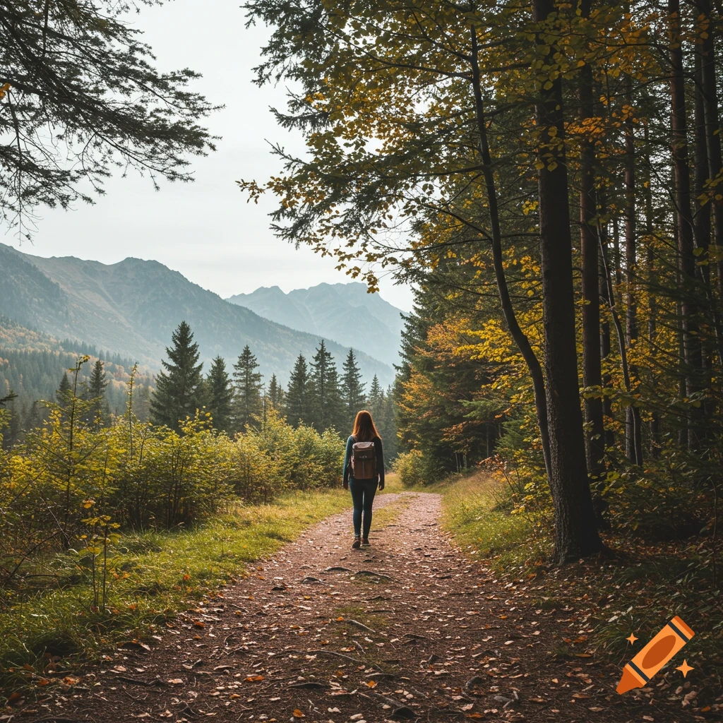 A person hikes on a dirt path through a forest towards mountains