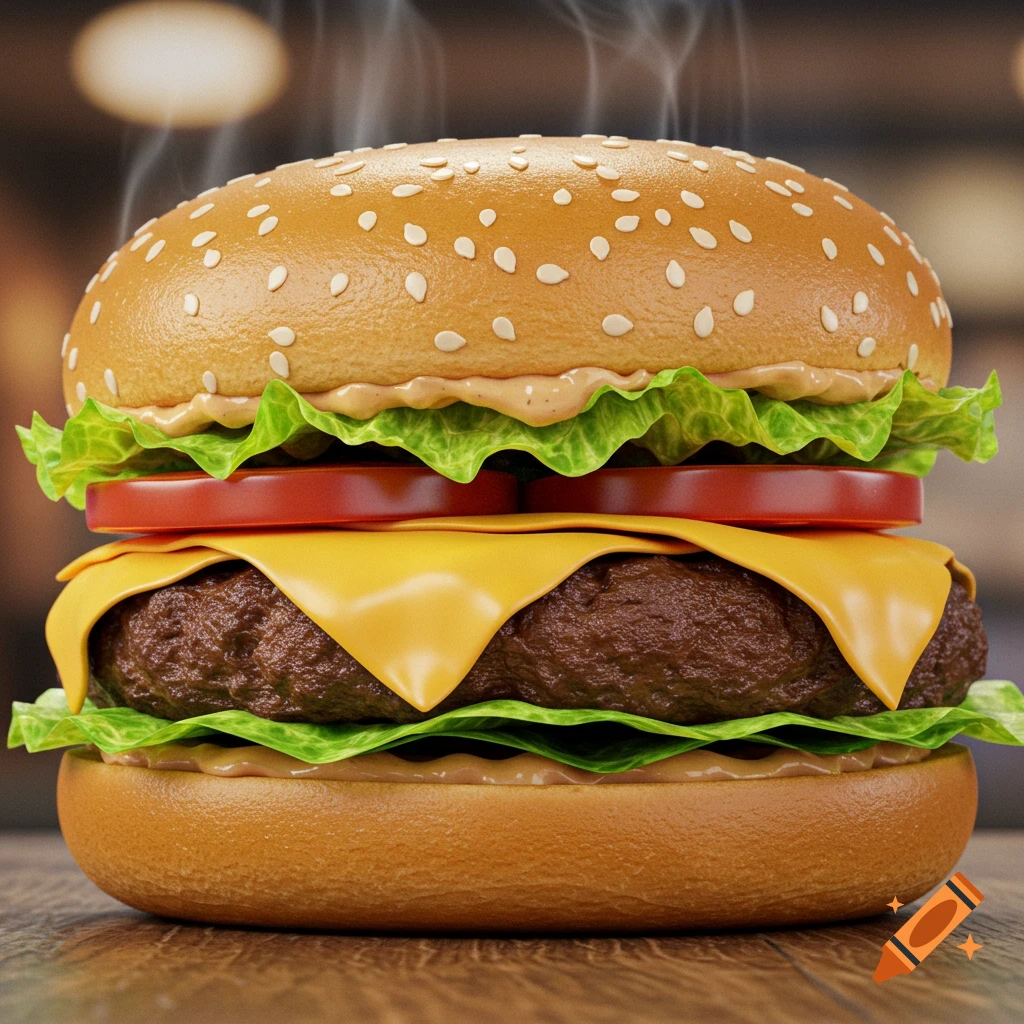 A close-up, photorealistic cheeseburger.
