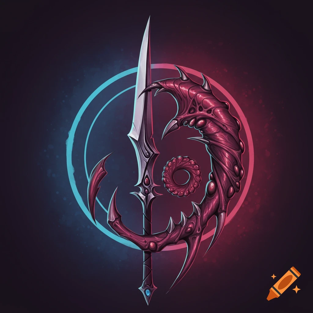 A stylized emblem featuring a sharp blade merged with a red thorned spiral, set against a dark background with a glowing blue circle.