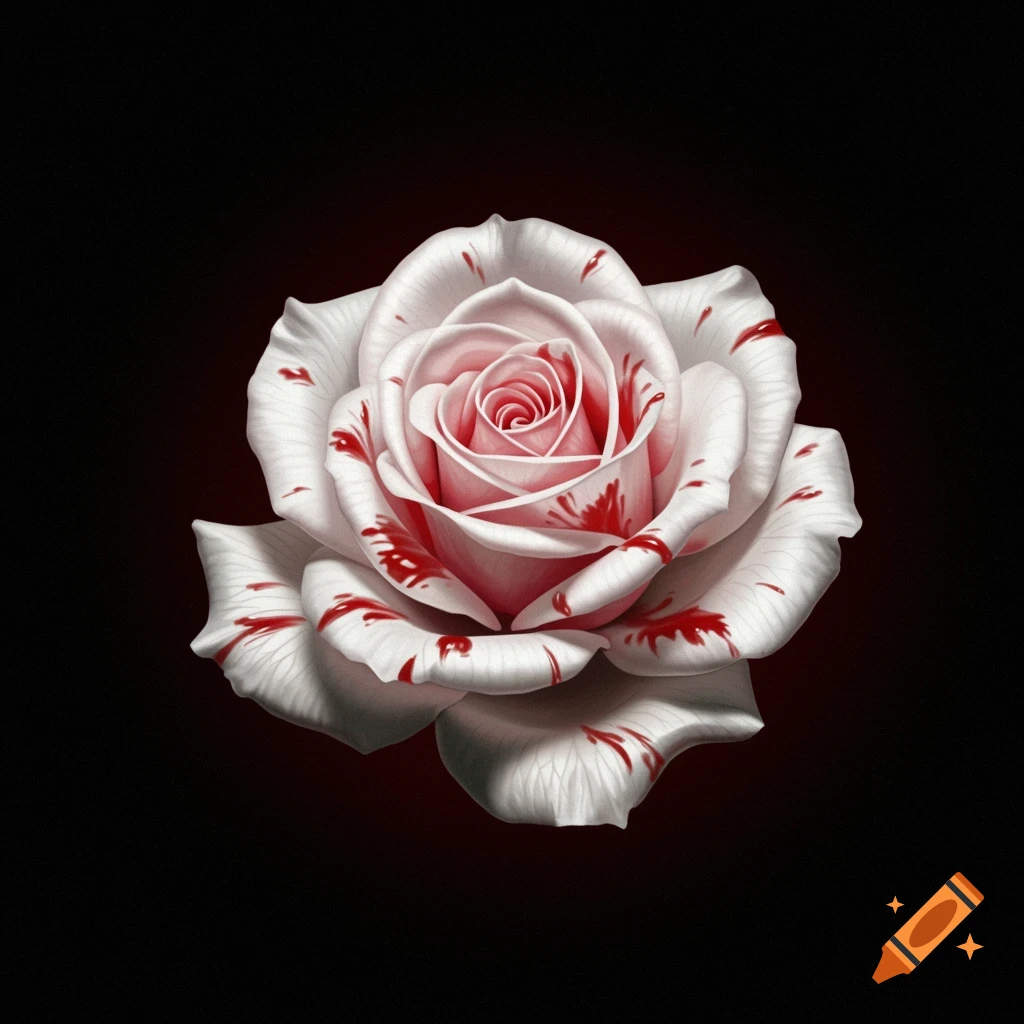 A white rose with red streaks on a black background.