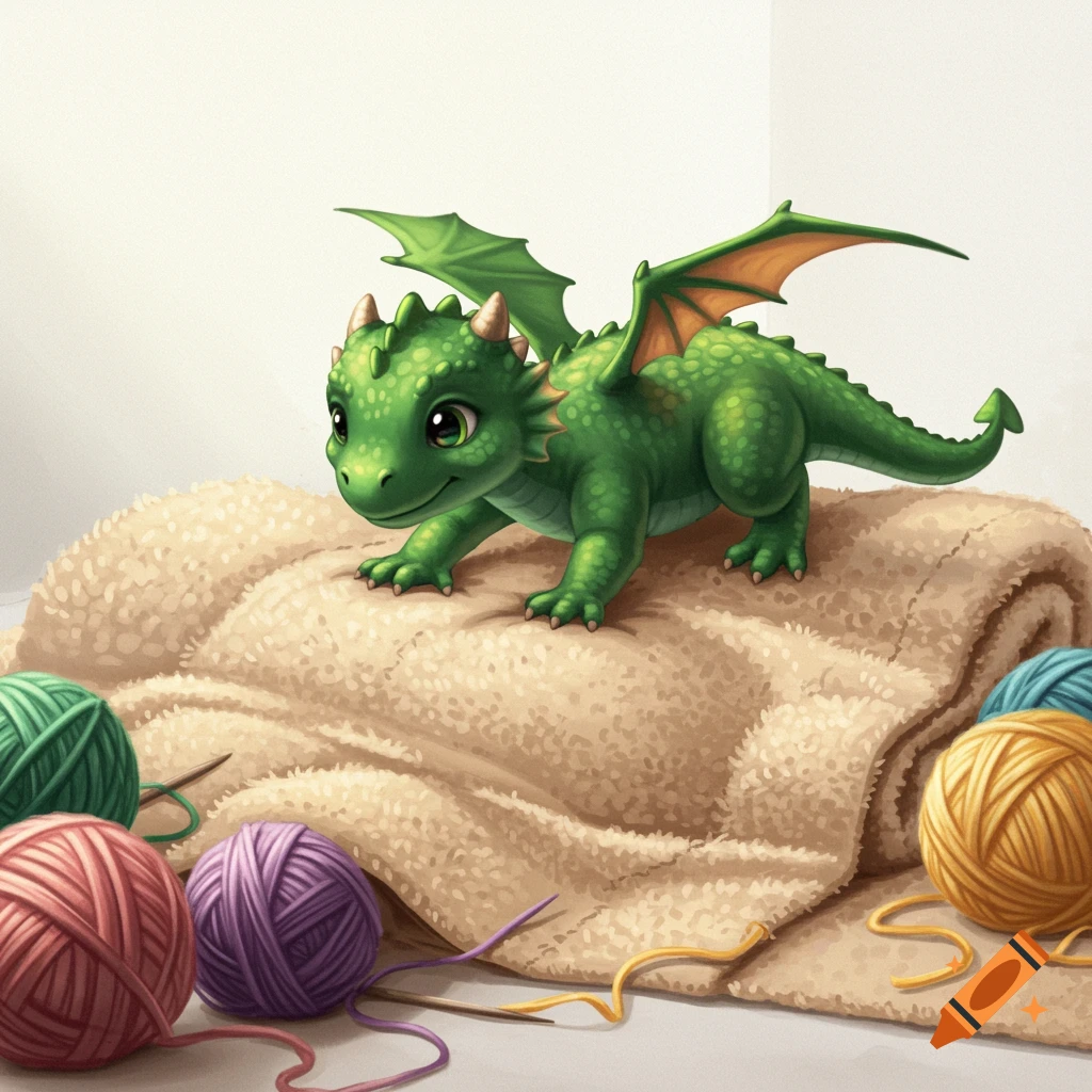 A cute green dragon on a beige blanket with balls of yarn.