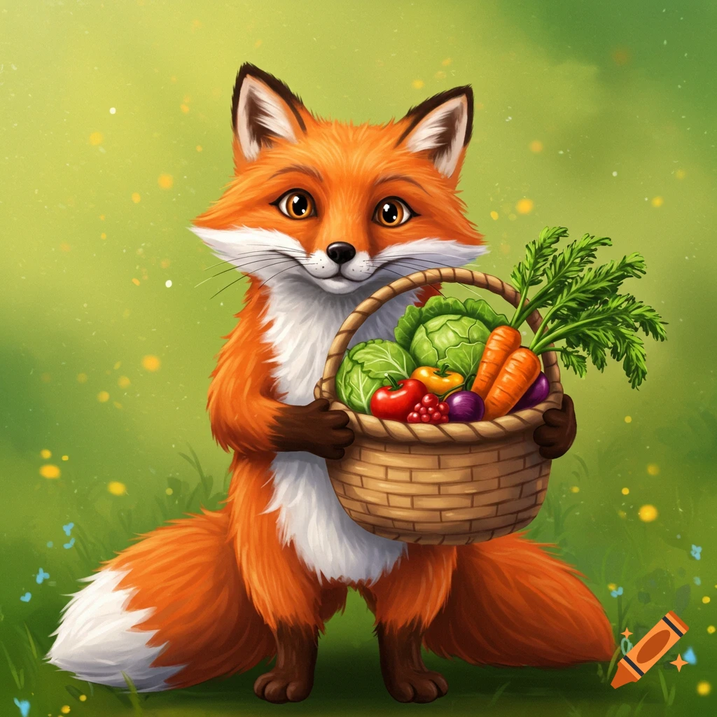 A cute cartoon fox holding a basket full of vegetables.