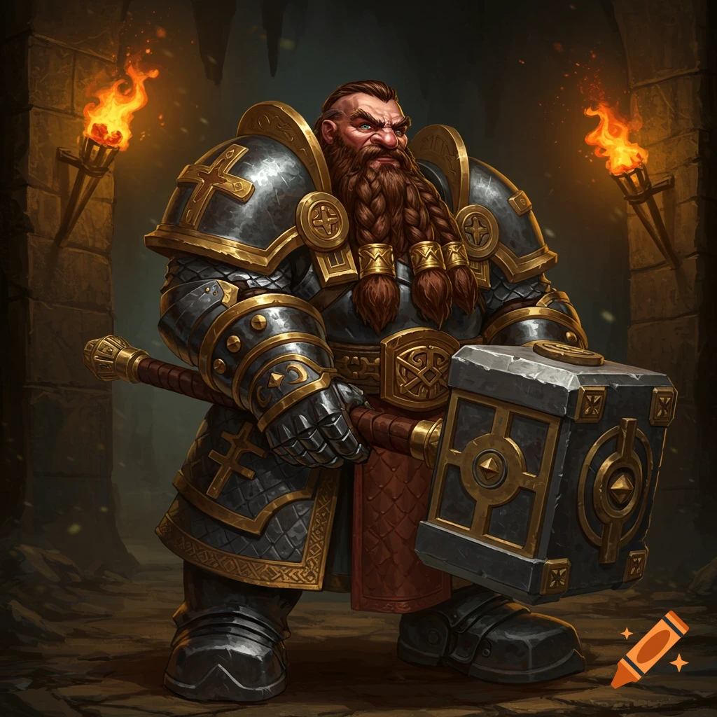 A heavily armored fantasy dwarf cleric holding a warhammer in a dungeon.