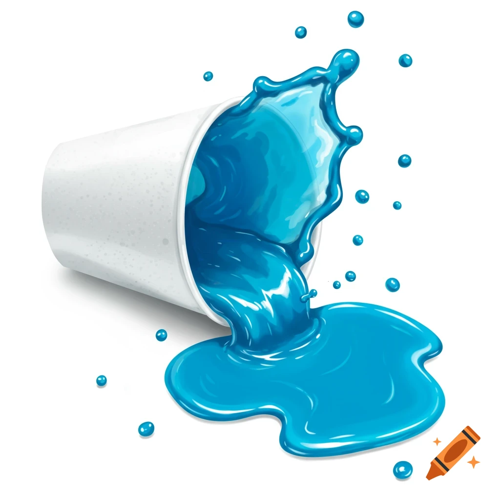 Blue liquid splashing and spilling from a tilted white cup