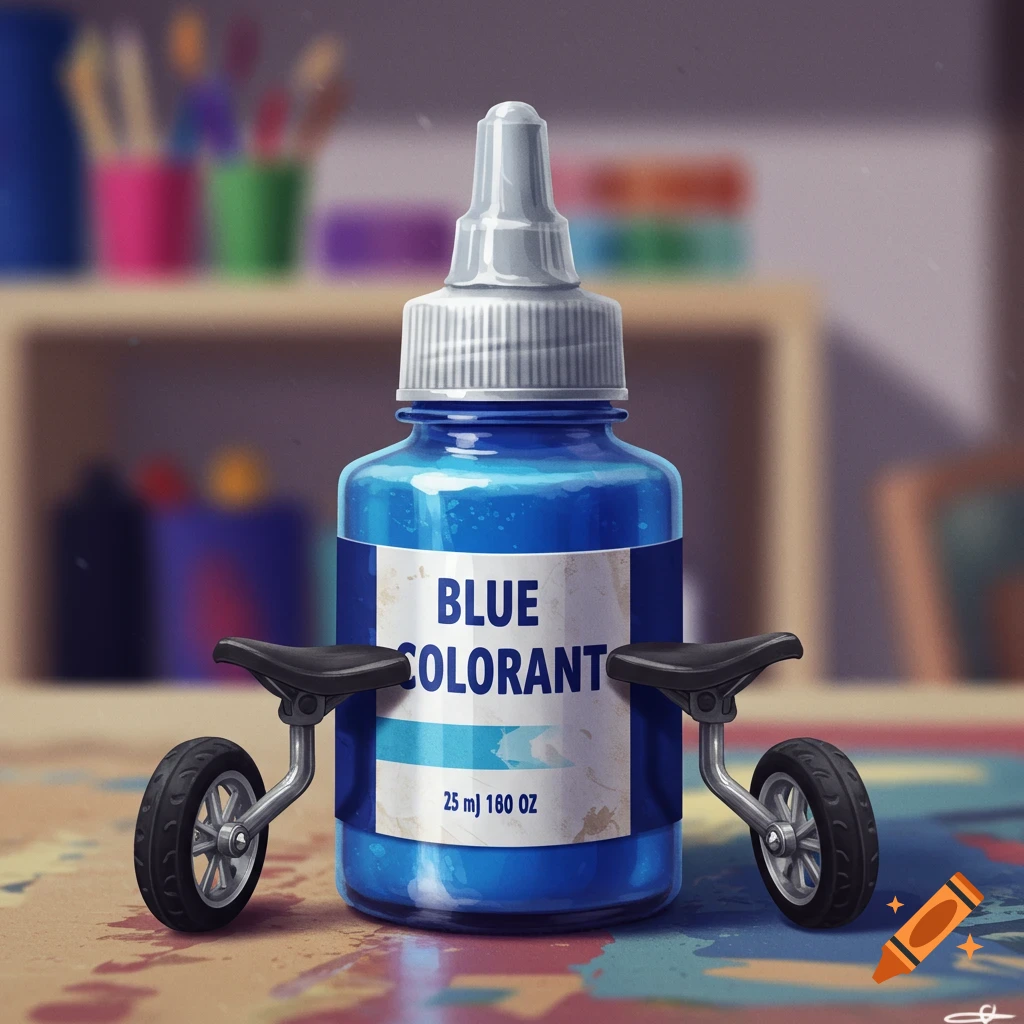 A blue colorant bottle with training wheels