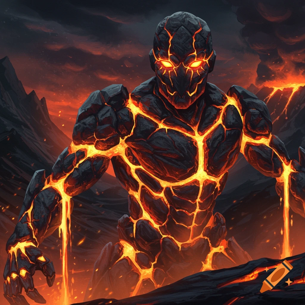 A lava humanoid mech in a volcanic landscape.