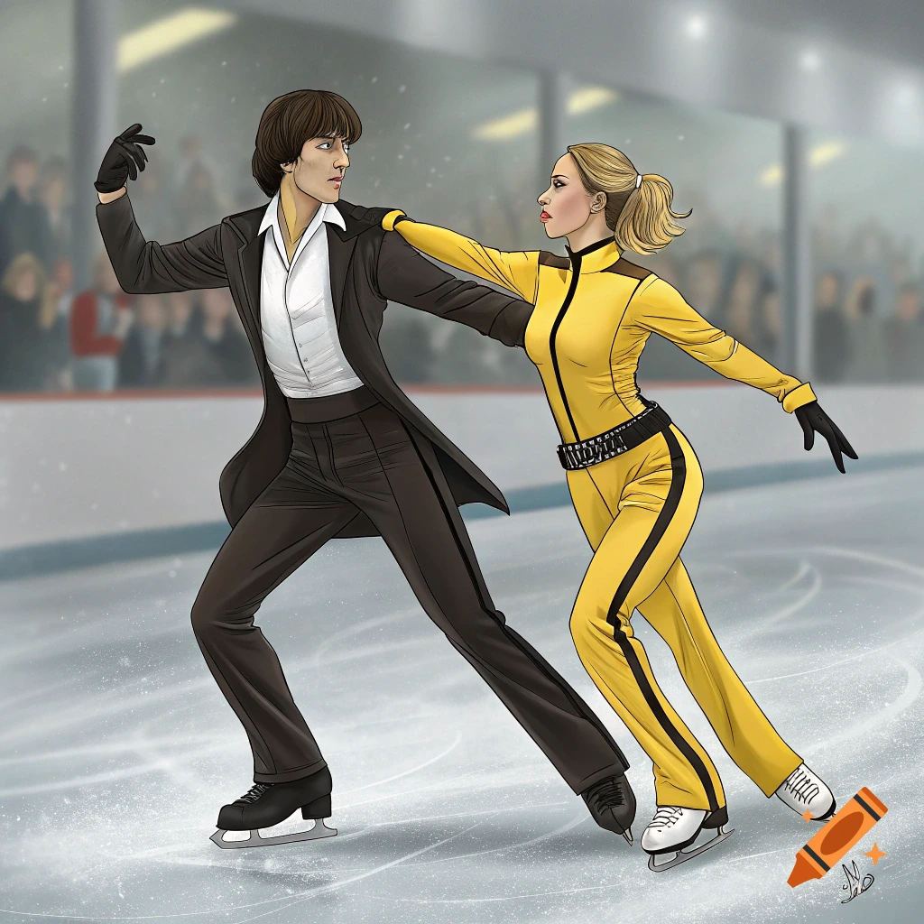 Illustration of a man and woman ice dancing. The man wears a black suit, the woman wears a yellow jumpsuit with black stripes, resembling Kill Bill costumes.