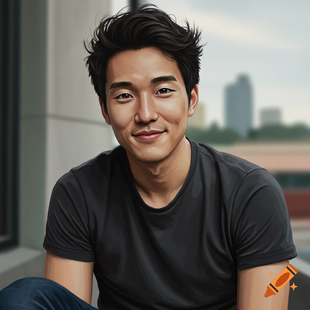 A young Asian man is smiling outdoors.