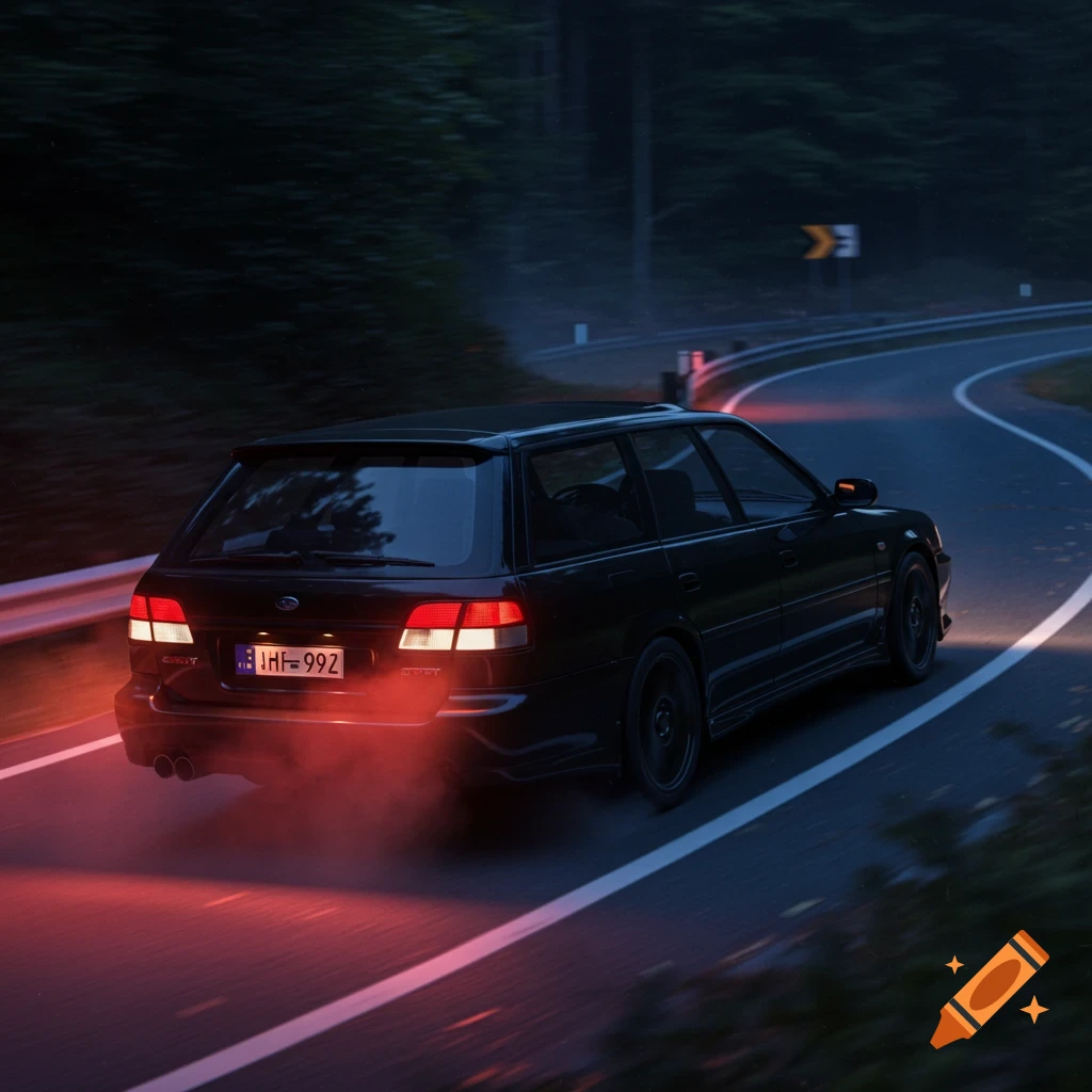 A black Subaru Legacy GT wagon drives on a winding road at night, viewed from the rear. Motion blur and glowing taillights enhance the anime style.