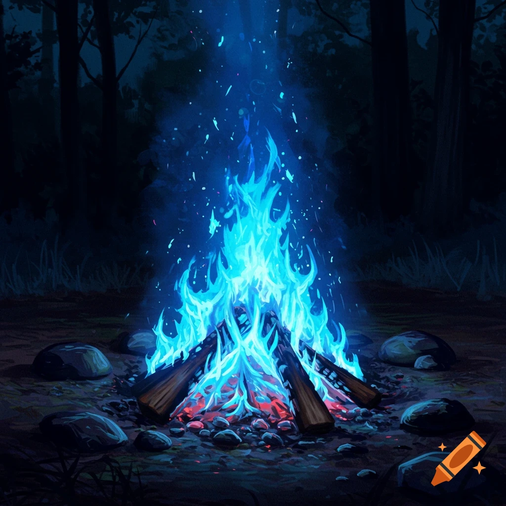 A campfire with bright blue flames burning in a dark forest