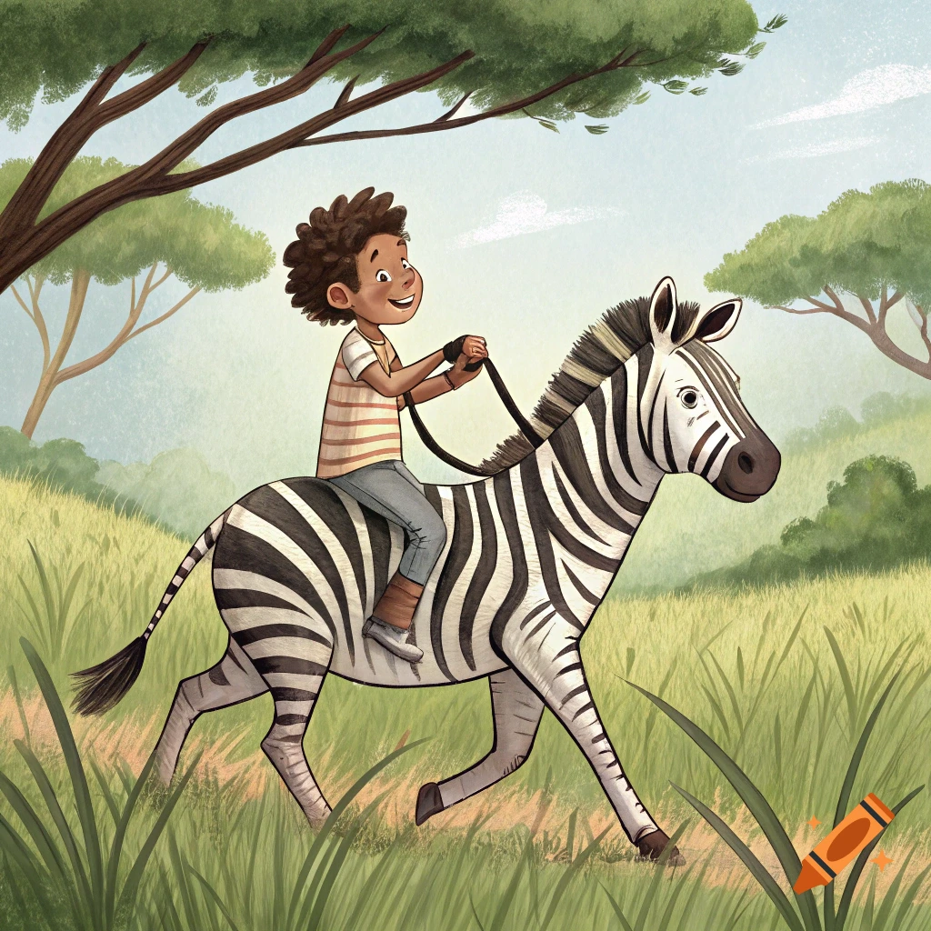 Illustration of a smiling boy riding a zebra through a grassy field.
