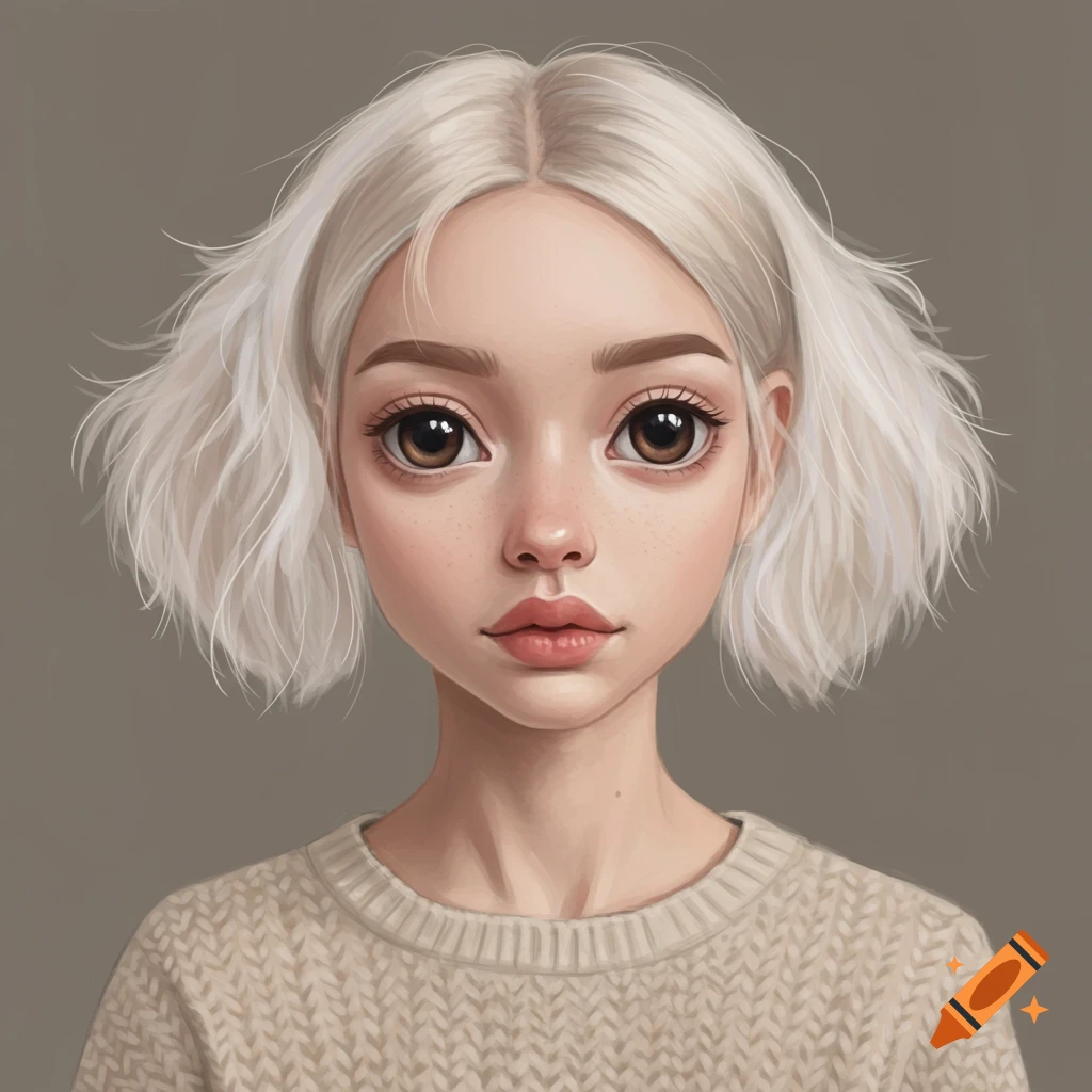 A stylized portrait of a young woman with short blonde hair and large eyes, wearing a beige sweater.