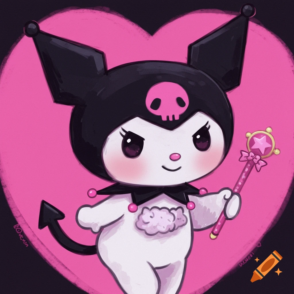 Kuromi character holding a pink magic wand in front of a pink heart.