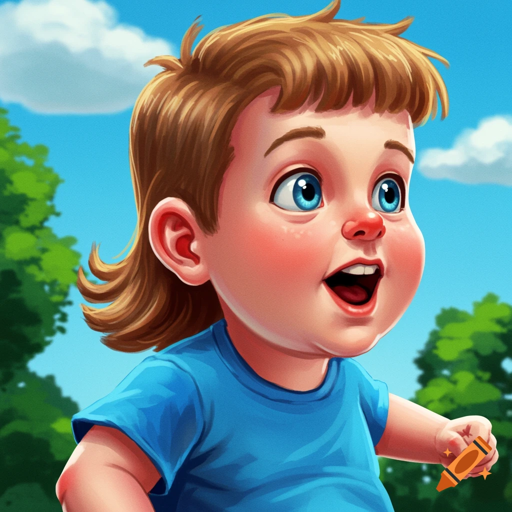 A young boy with a mullet and wide eyes, smiling in a blue t-shirt outdoors.