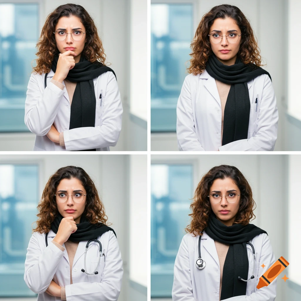 Collage of four portraits of a female doctor in white coat and black scarf in hospital setting, different poses.