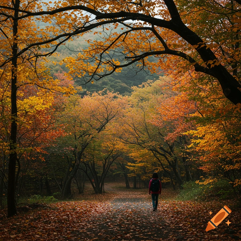 Person walks path through autumn forest with colorful leaves