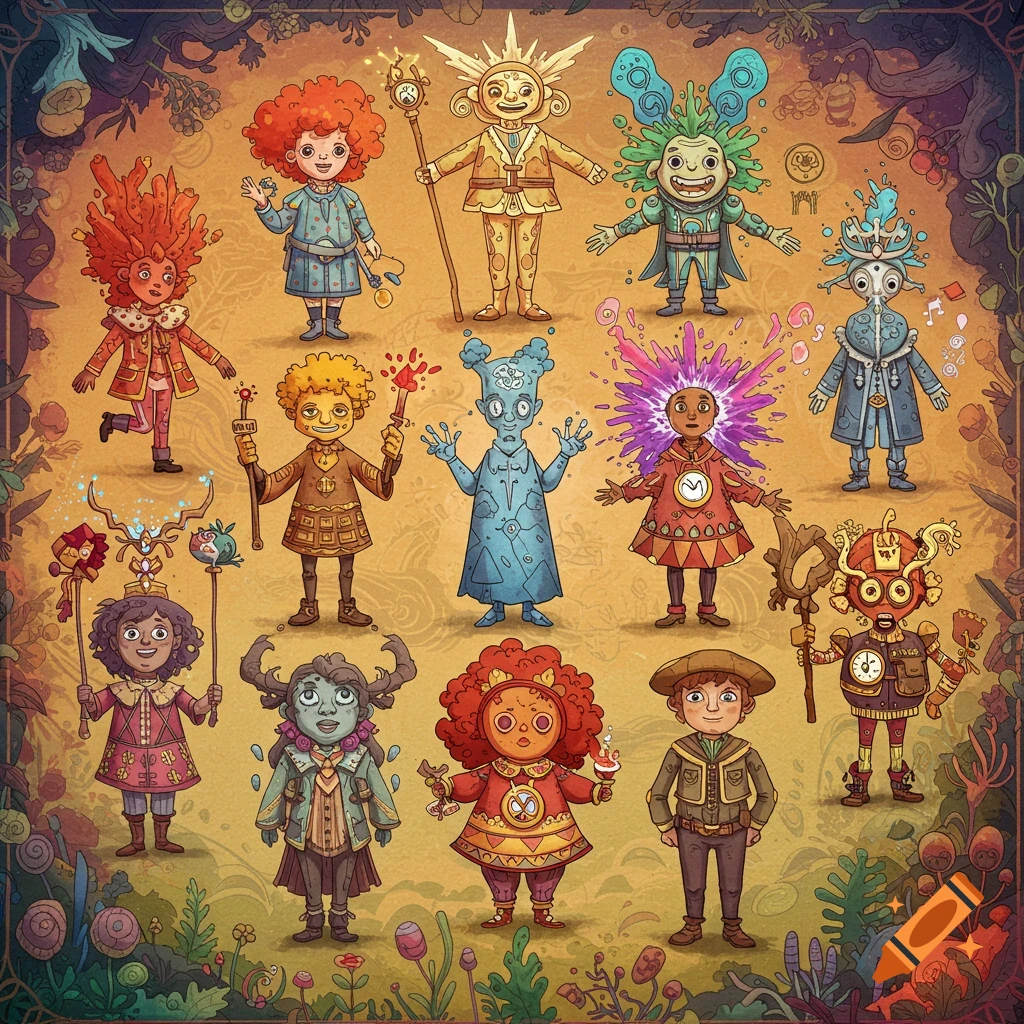 A collection of whimsical fantasy characters in various forms, framed by foliage.
