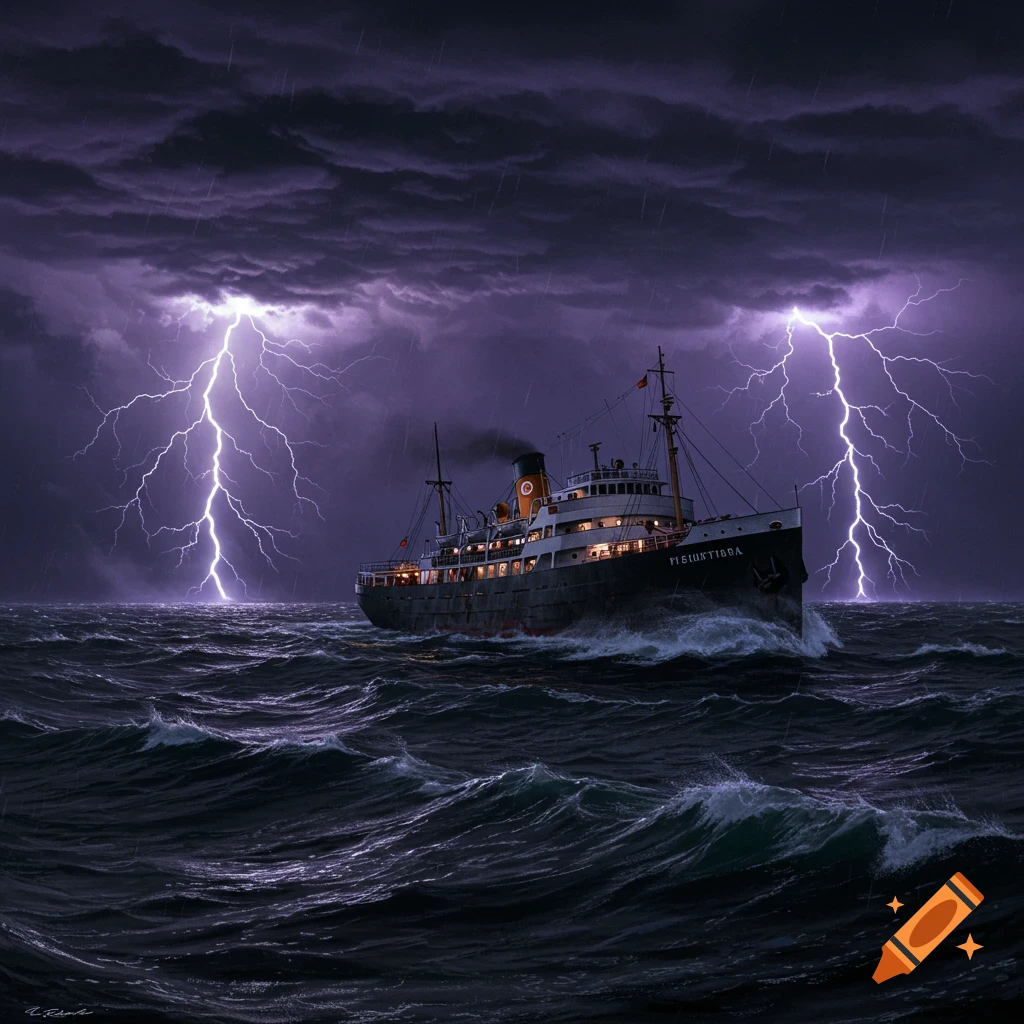 A ship on stormy seas with lightning strikes