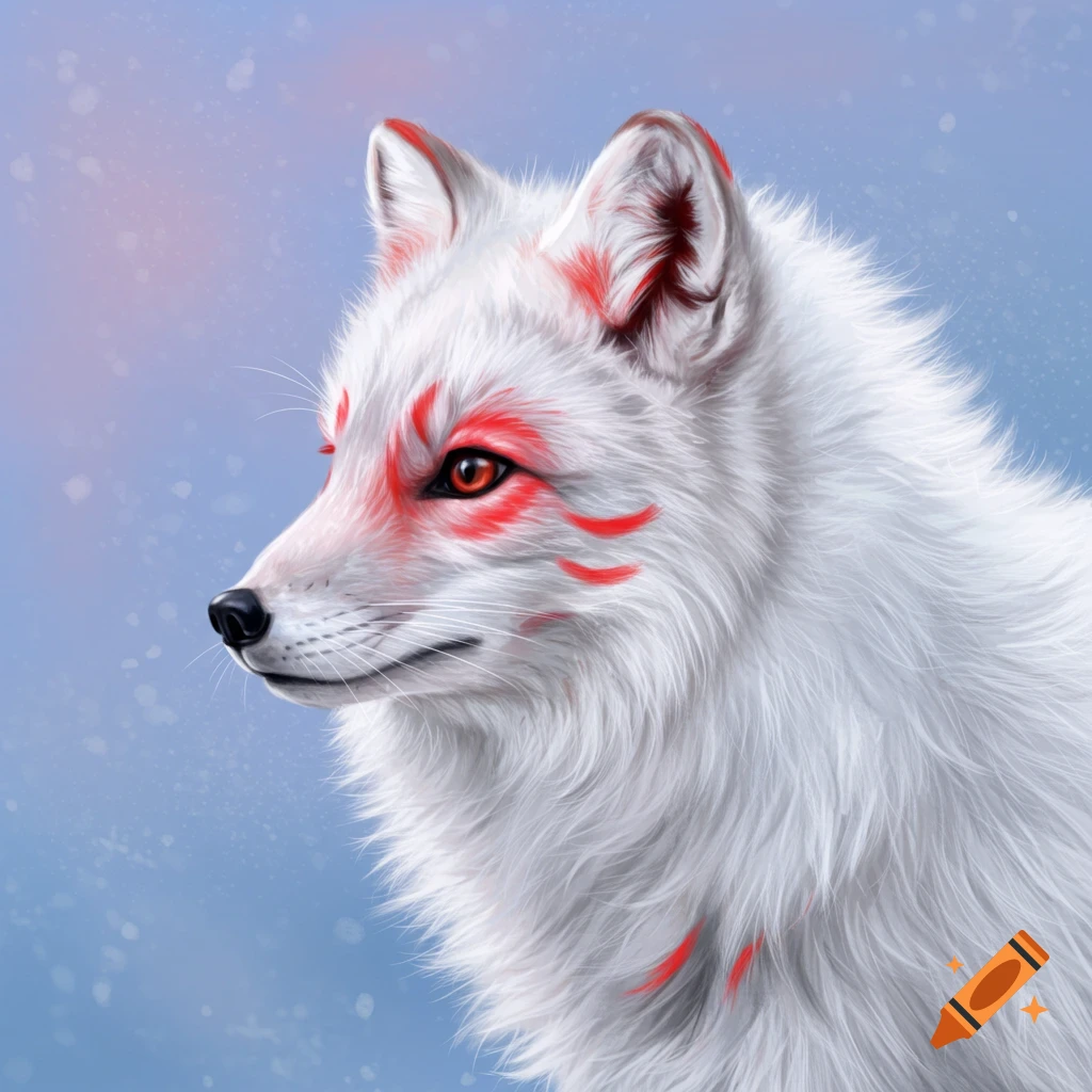 A white arctic fox in profile with red markings around its eyes and on its shoulder, against a blue snowy background.