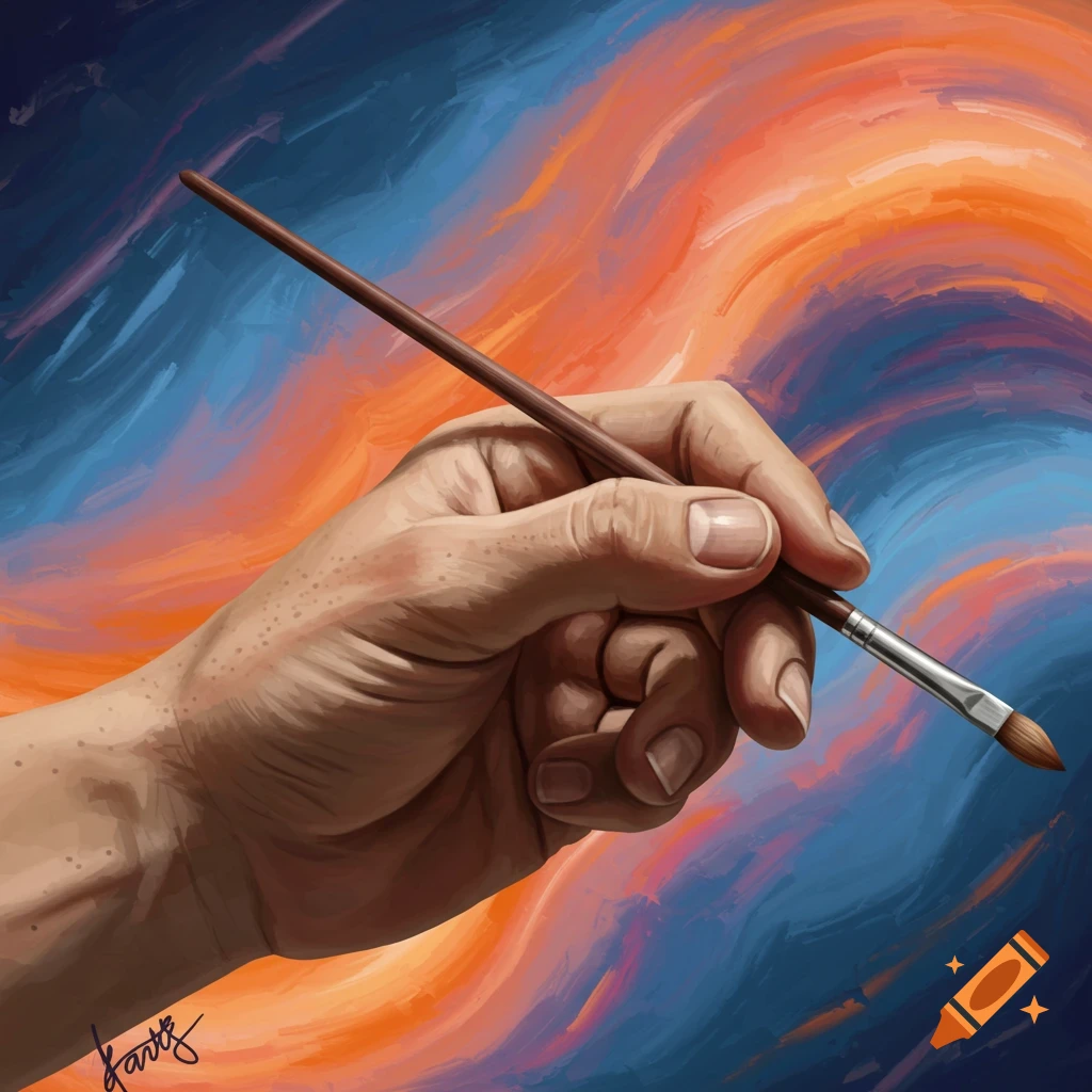 A hand holds a paintbrush against a colorful abstract background.
