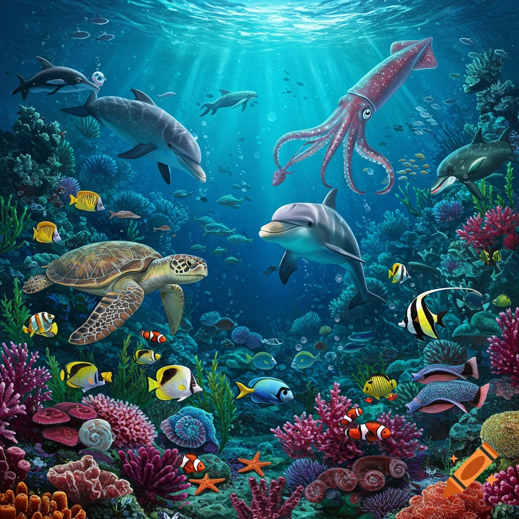 A vibrant underwater scene with dolphins, a squid, a turtle, and various fish and coral reefs.