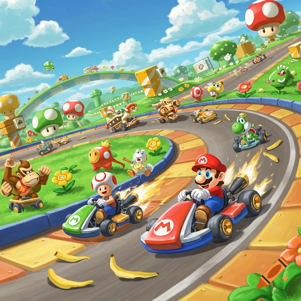 Diddy Kong leads a kart race with Donkey Kong and other characters on a ...