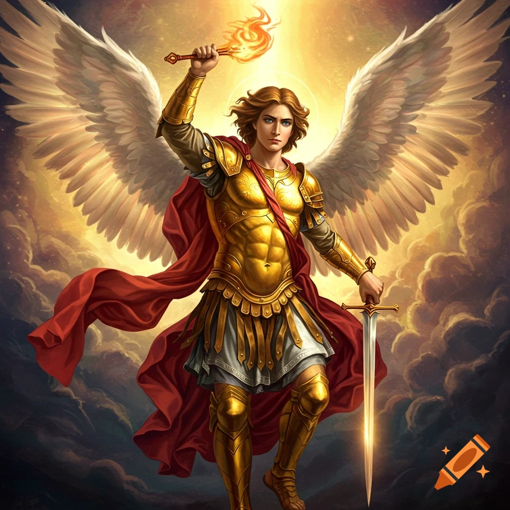Archangel Michael in golden armor, holding a sword and fire, with large wings among clouds.