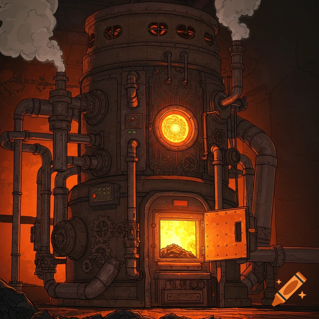 A large, complex steampunk machine with glowing elements and smoke.
