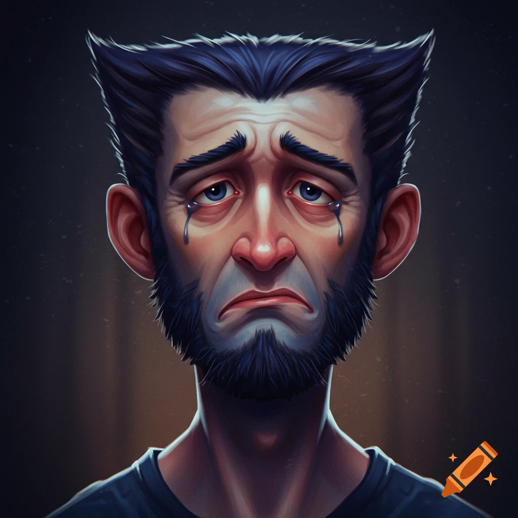 Portrait of a stylized sad man with tears