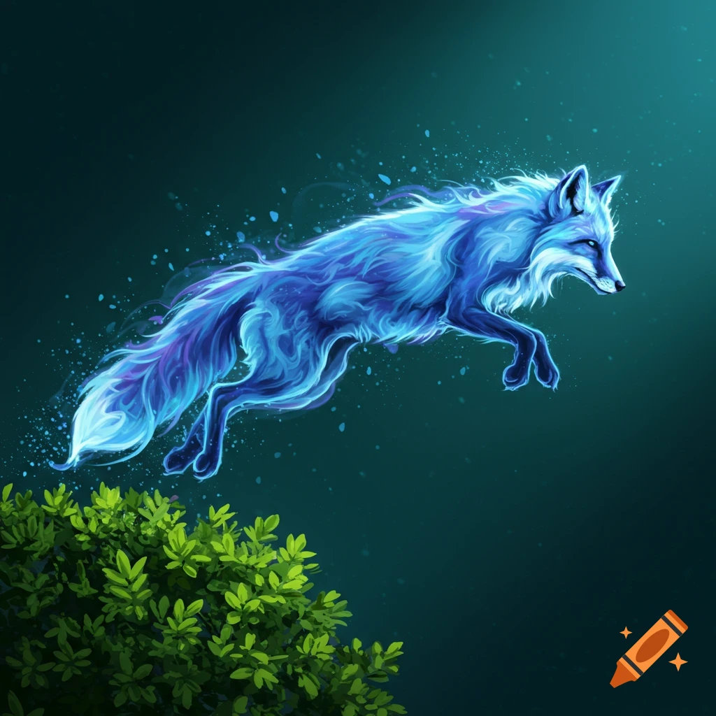 A blue fox made of smoke jumping over a bush