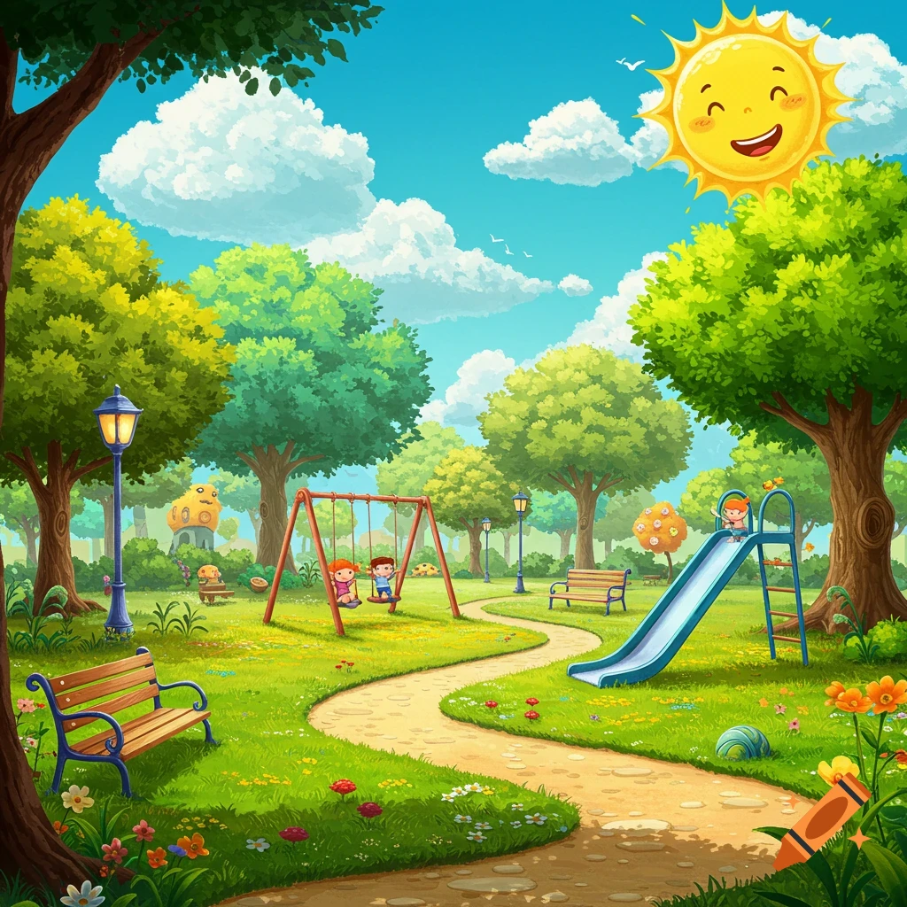 Cartoon park scene with children on swings and a slide under a smiling sun.