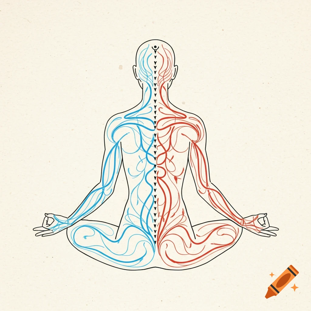 A line drawing of a person meditating in a yoga pose, illustrating internal energy flows in blue and red.